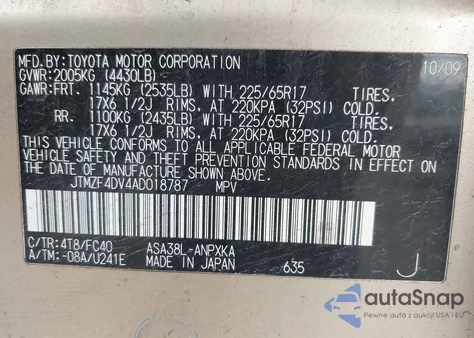 2010 Toyota Rav4 из США, поврежденный, VIN JTMZF4DV4AD018787